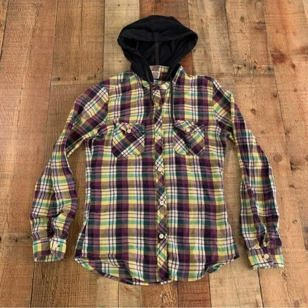 Empyre womens lightweight long sleeve plaid hooded button up -XS